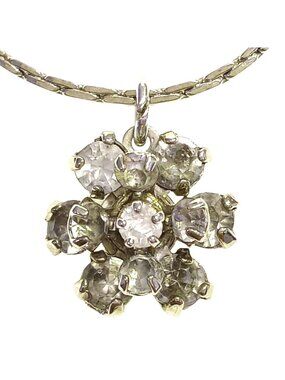 Dainty Flower Rhinestone Pendant Necklace Rhinestones Silver Tone Chain Signed